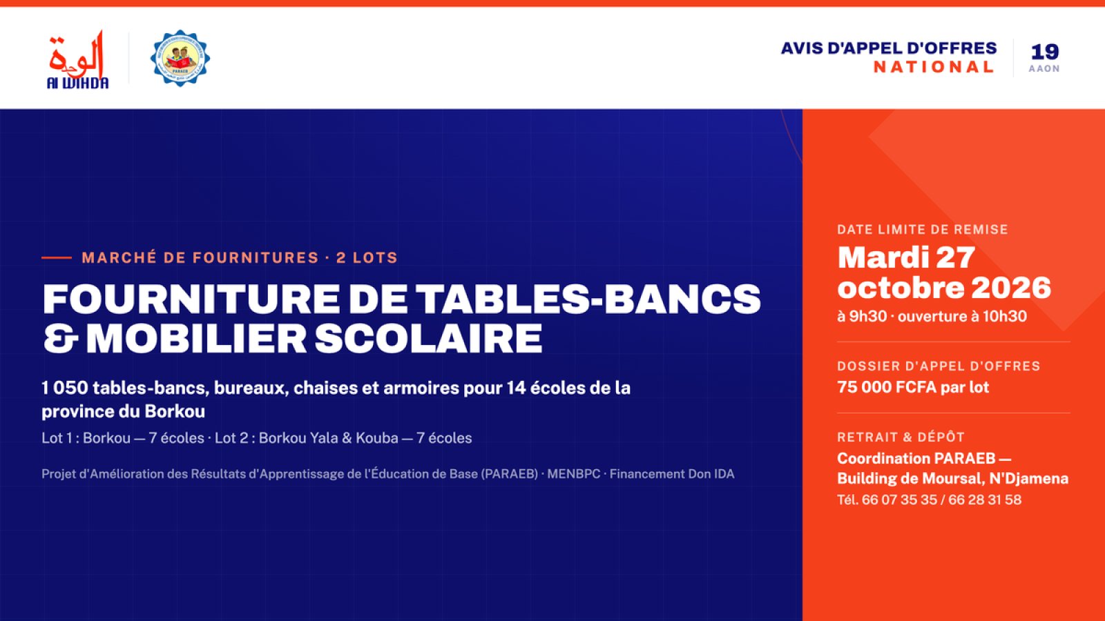 Tchad : Le PARAEB lance un appel d’offres pour équiper 14 écoles du Borkou