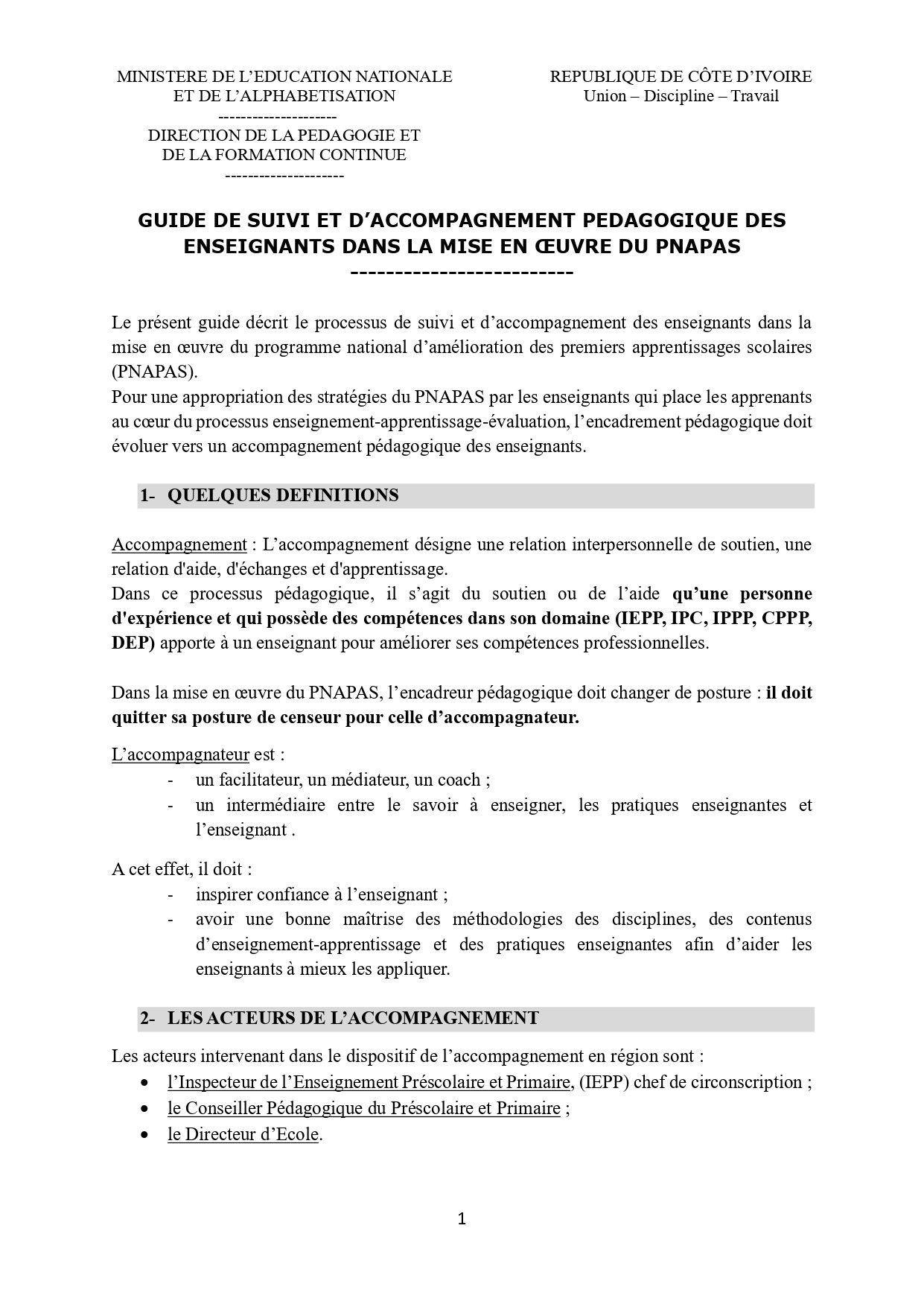 GUIDE DE SUIVI ET D’ACCOMPAGNEMENT PEDAGOGIQUE DES ENSEIGNANTS DANS LA MISE EN ŒUVRE DU PNAPAS